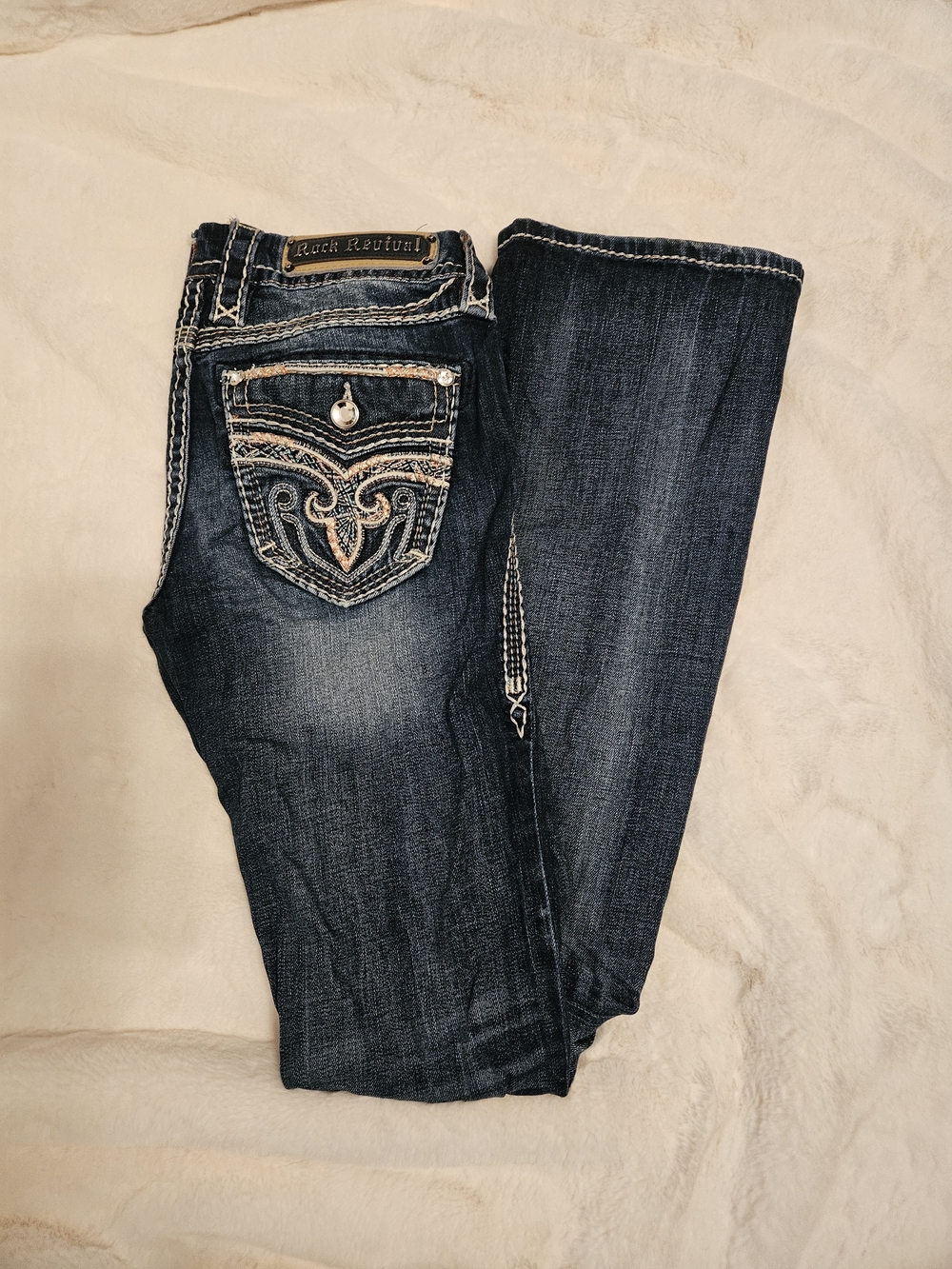 Rock Revival Women’s Dark Blue Boot Cut Jeans with Embroidered Pockets